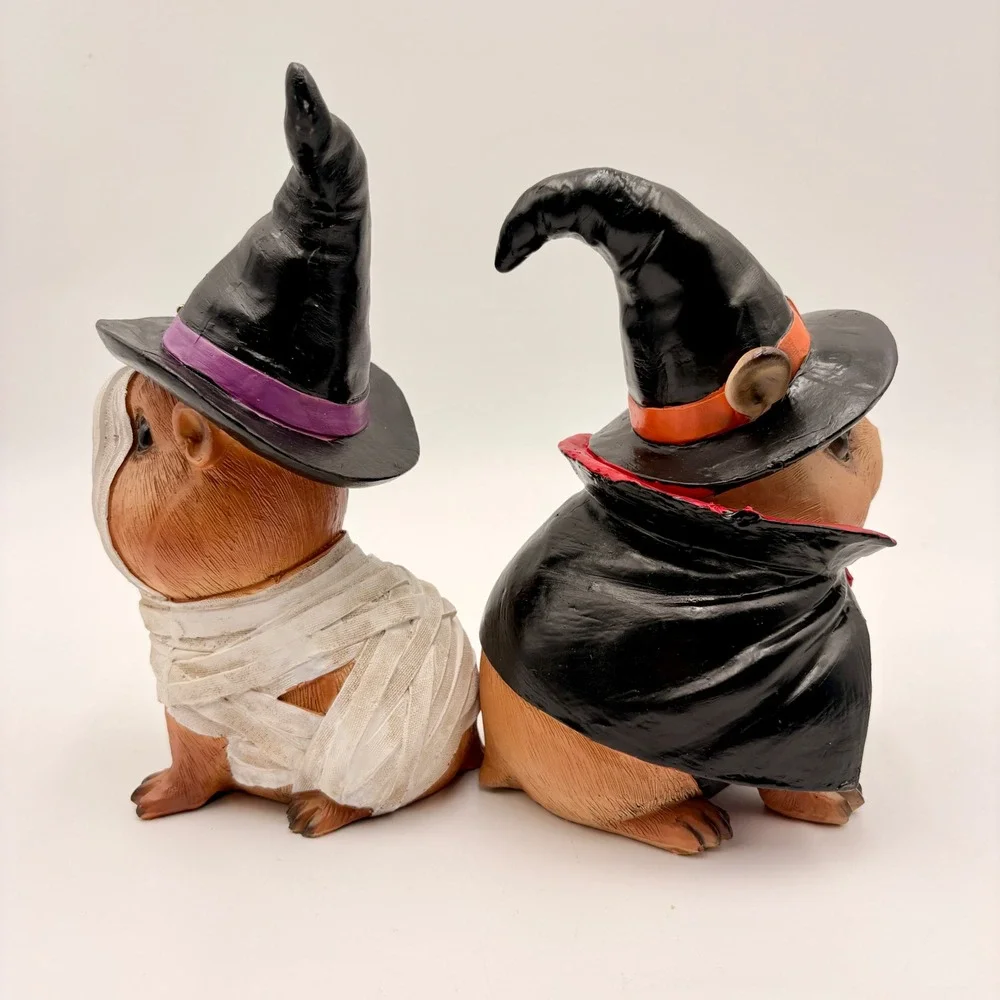 Halloween Capybara Figurine Set 2 Mummy Skeleton Vampire Witch Hat Decor Hamster